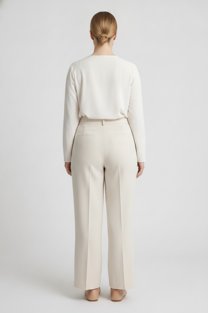 Almond | High Waist Wide Leg Trousers [CLEARANCE -50%] — Beige (back)