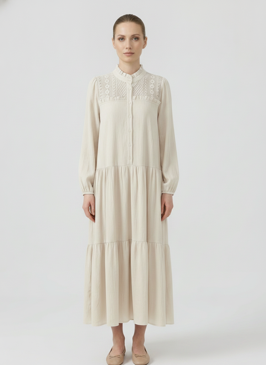 Juniper | Crochet Yoke Tiered Maxi Dress — Ecru (front)