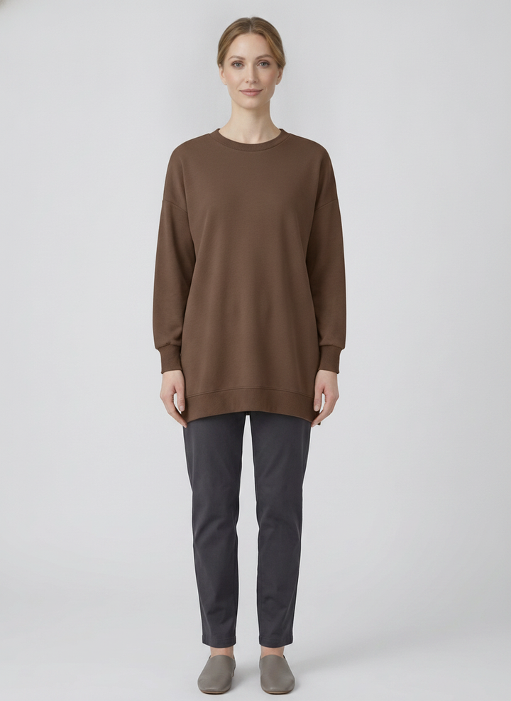 Sage | Ribbed Crewneck Jersey Tunic — Brown (front)