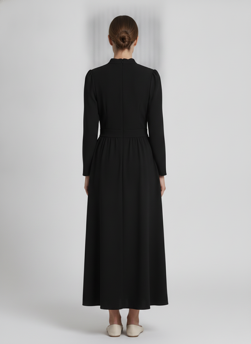Nora | Pleated Crepe Midi Dress — Black (back)
