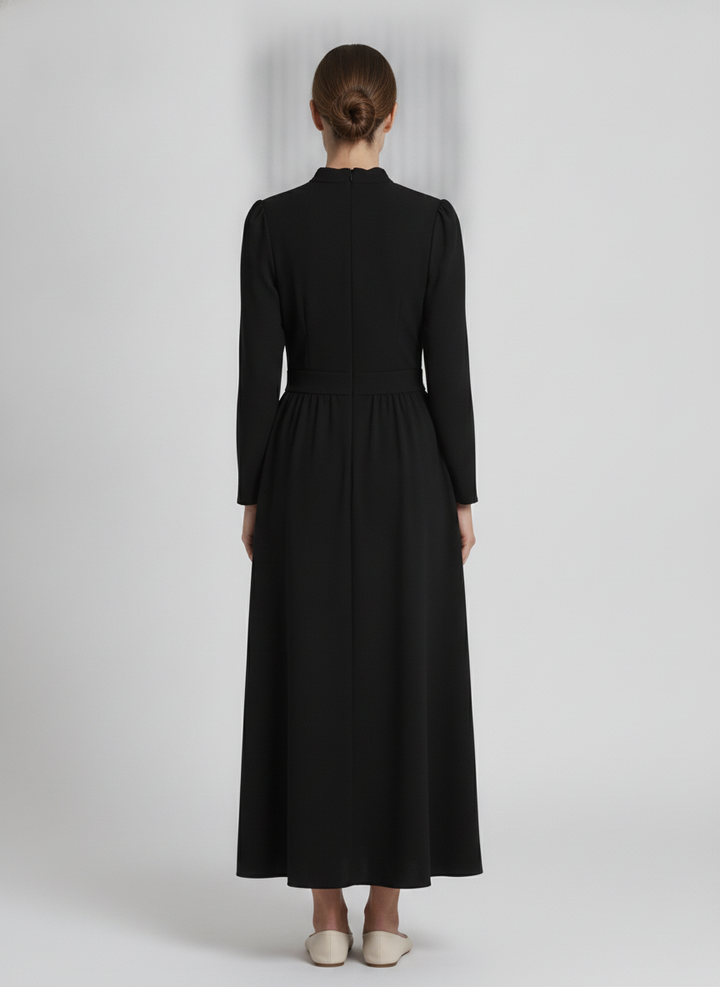 Nora | Pleated Crepe Midi Dress — Black (back)