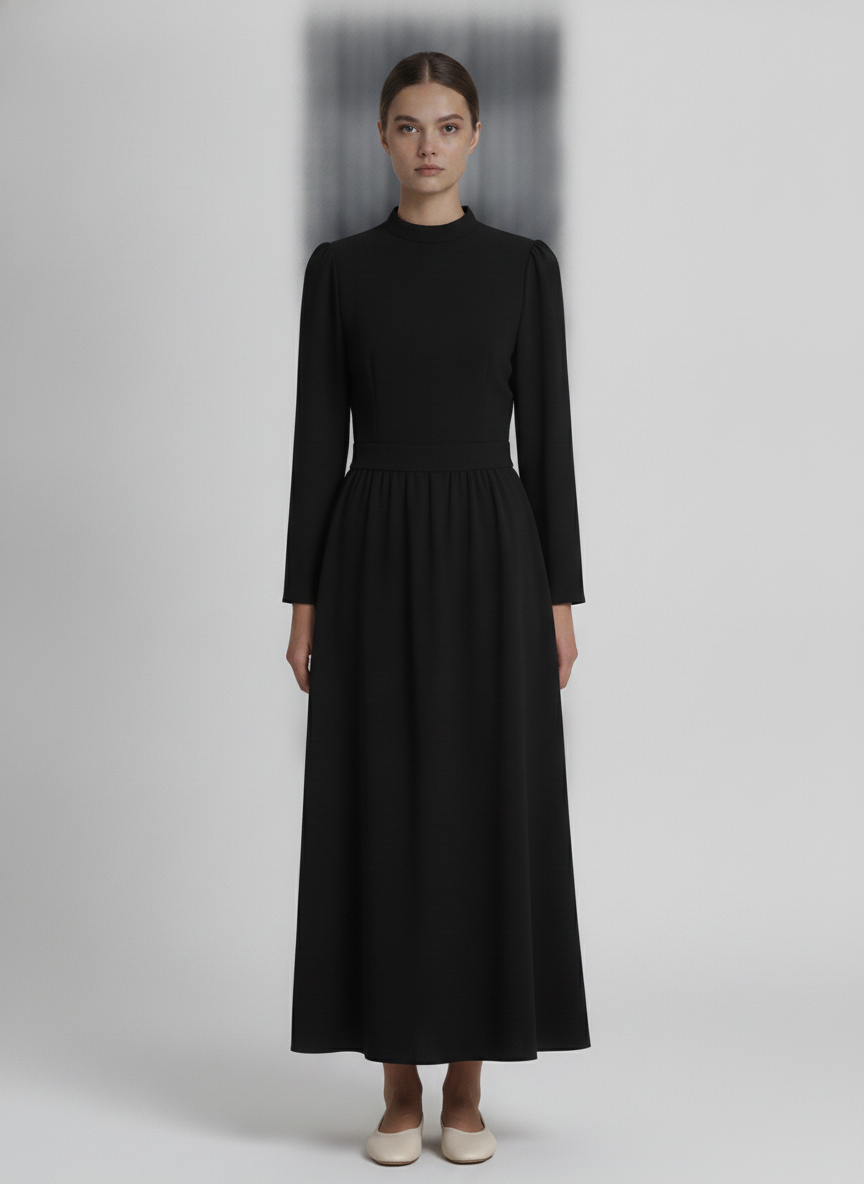 Nora | Pleated Crepe Midi Dress — Black (front)