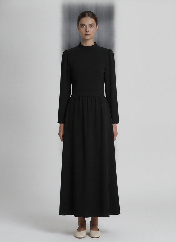 Nora | Pleated Crepe Midi Dress — Black (front)