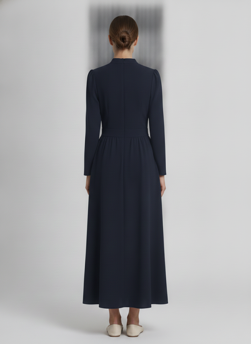 Nora | Pleated Crepe Midi Dress — Navy (back)