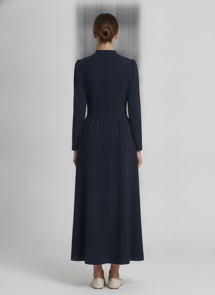 Nora | Pleated Crepe Midi Dress — Navy (back)