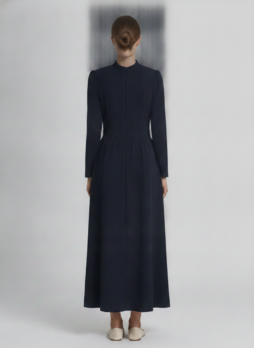 Nora | Pleated Crepe Midi Dress — Navy (back)