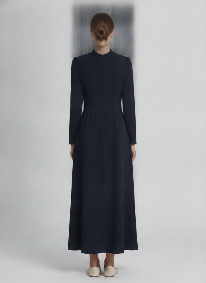 Nora | Pleated Crepe Midi Dress — Navy (back)