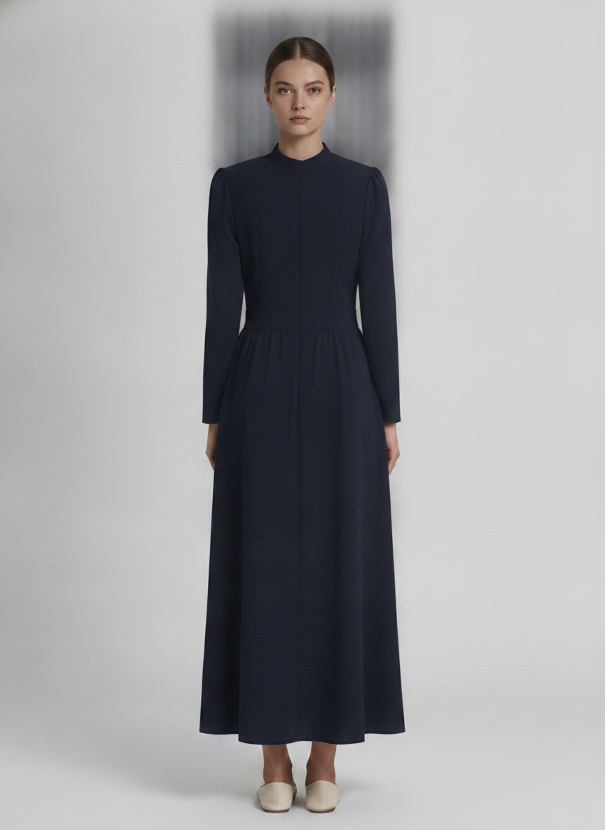 Nora | Pleated Crepe Midi Dress — Navy (front)