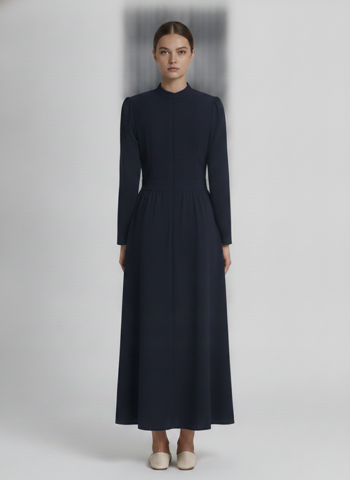 Nora | Pleated Crepe Midi Dress — Navy (front)