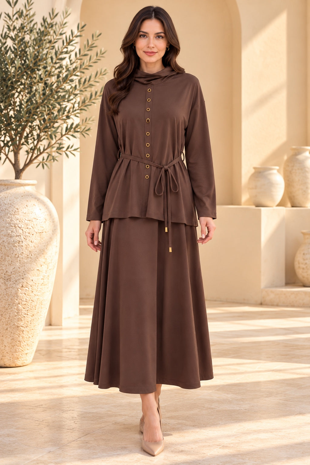 Fenwick | Eyelet-Button Tie-Waist Pleated Skirt Set