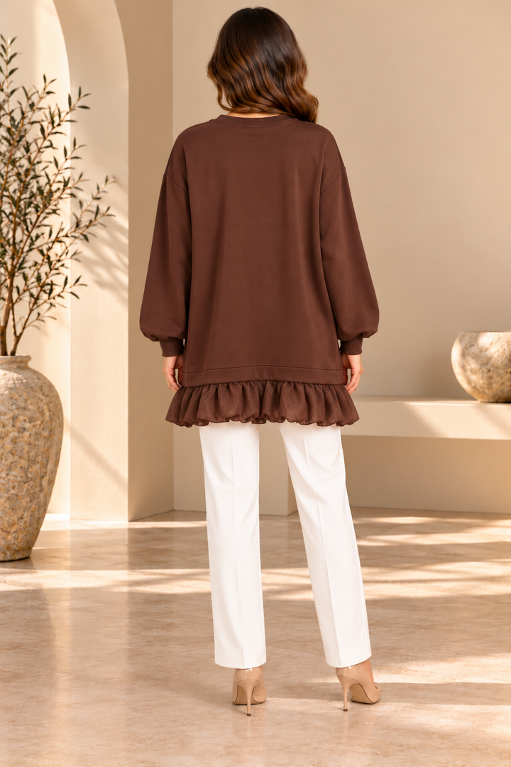 Poppy | Solid Flower-Brooch Ruffled-Hem Tunic