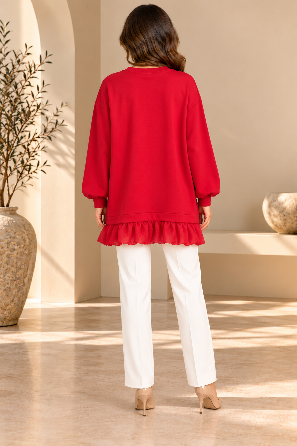 Poppy | Solid Flower-Brooch Ruffled-Hem Tunic