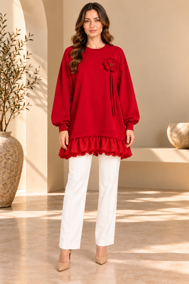 Poppy | Solid Flower-Brooch Ruffled-Hem Tunic