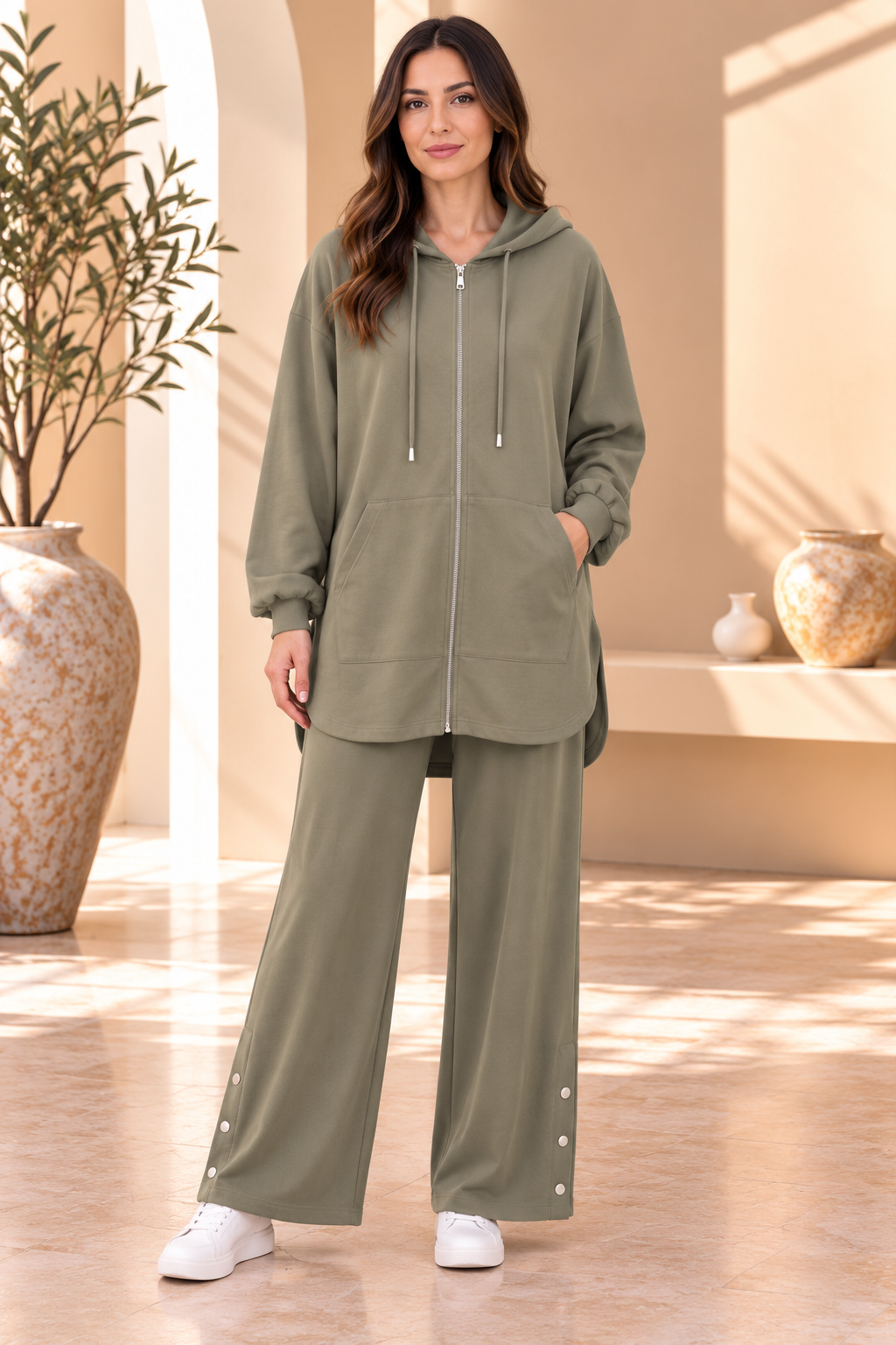 Olwen | Solid Zip-Up Hooded Pant Set