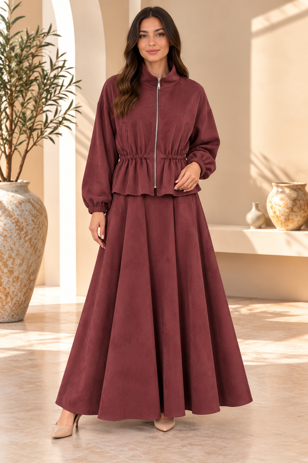 Briony | Solid Zip-Front Peplum Skirt Set