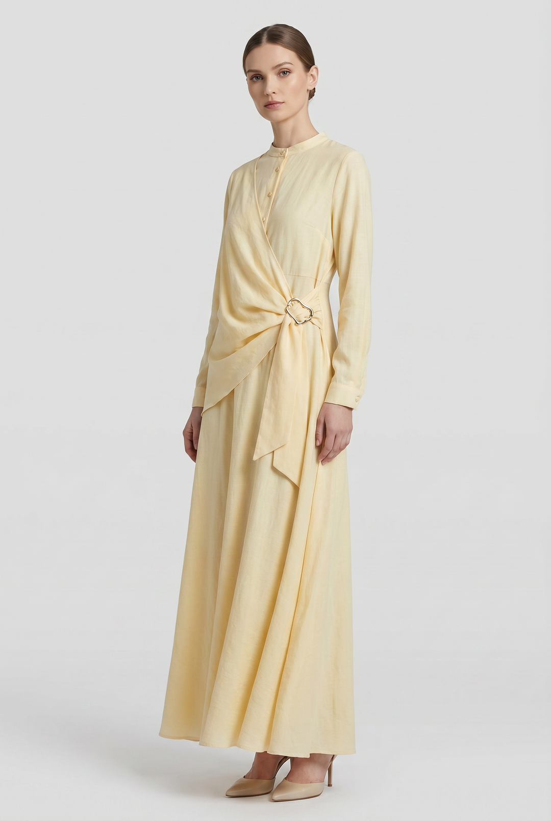 Bellamy | Solid Wrap-Front Buckle-Belted Maxi Dress
