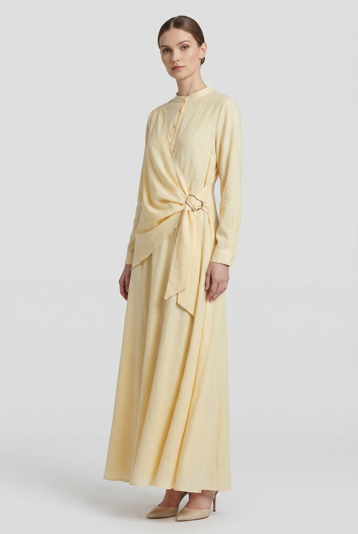 Bellamy | Solid Wrap-Front Buckle-Belted Maxi Dress