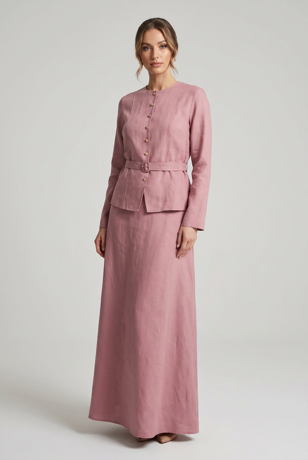 Adalina | Button-Front Belted Skirt Set