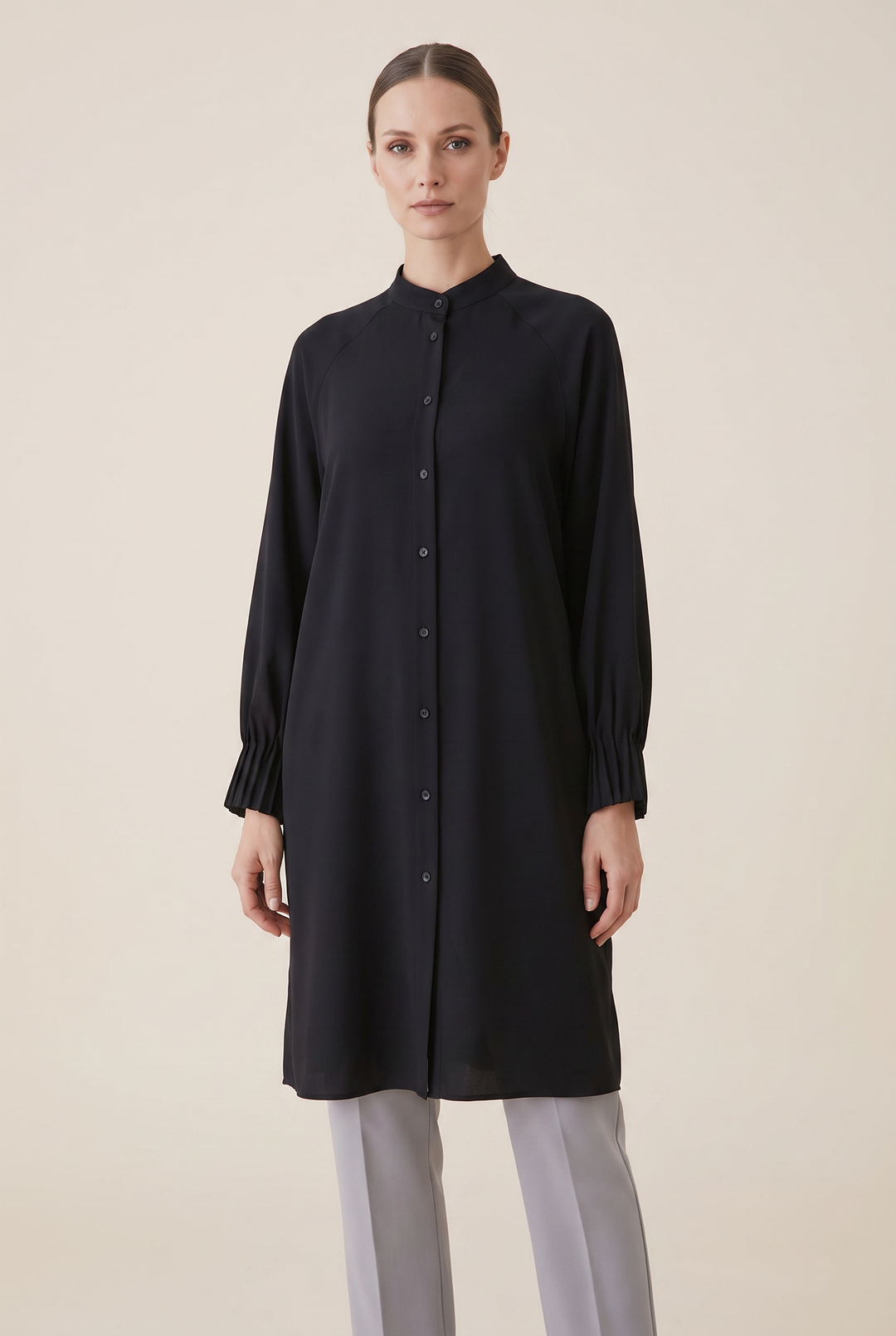 Fiora | Solid Button-Front Pleated-Cuff Tunic