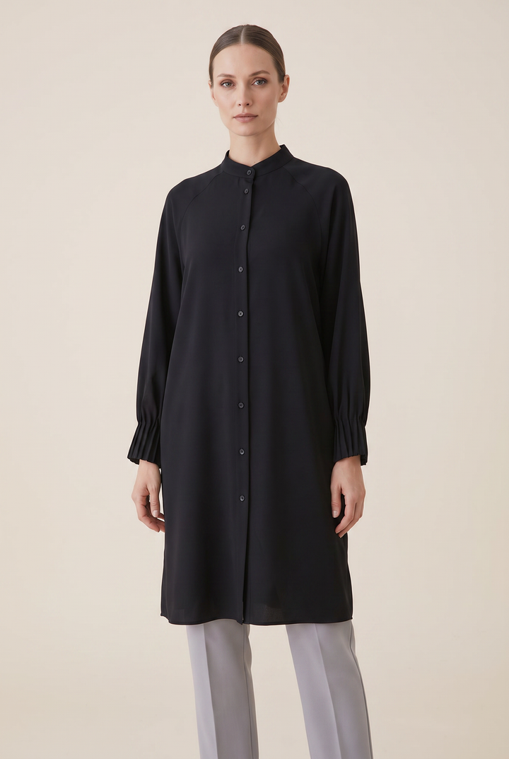 Fiora | Solid Button-Front Pleated-Cuff Tunic