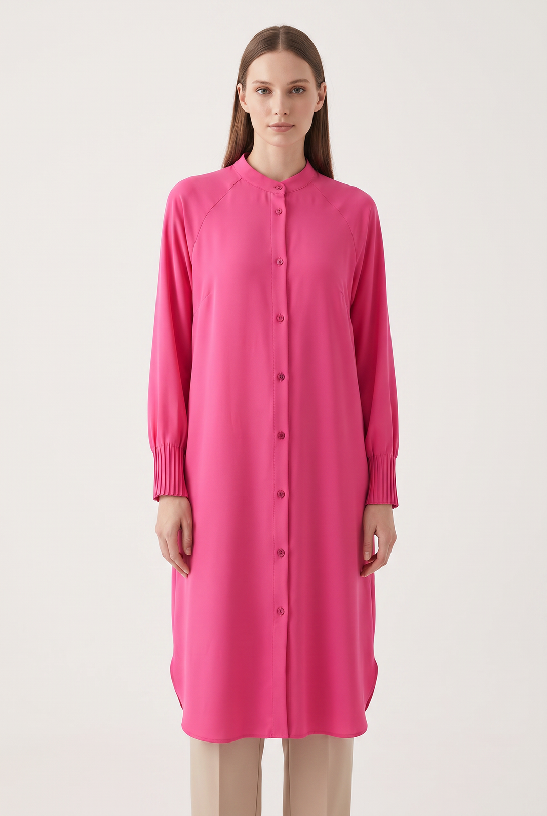 Fiora | Solid Button-Front Pleated-Cuff Tunic
