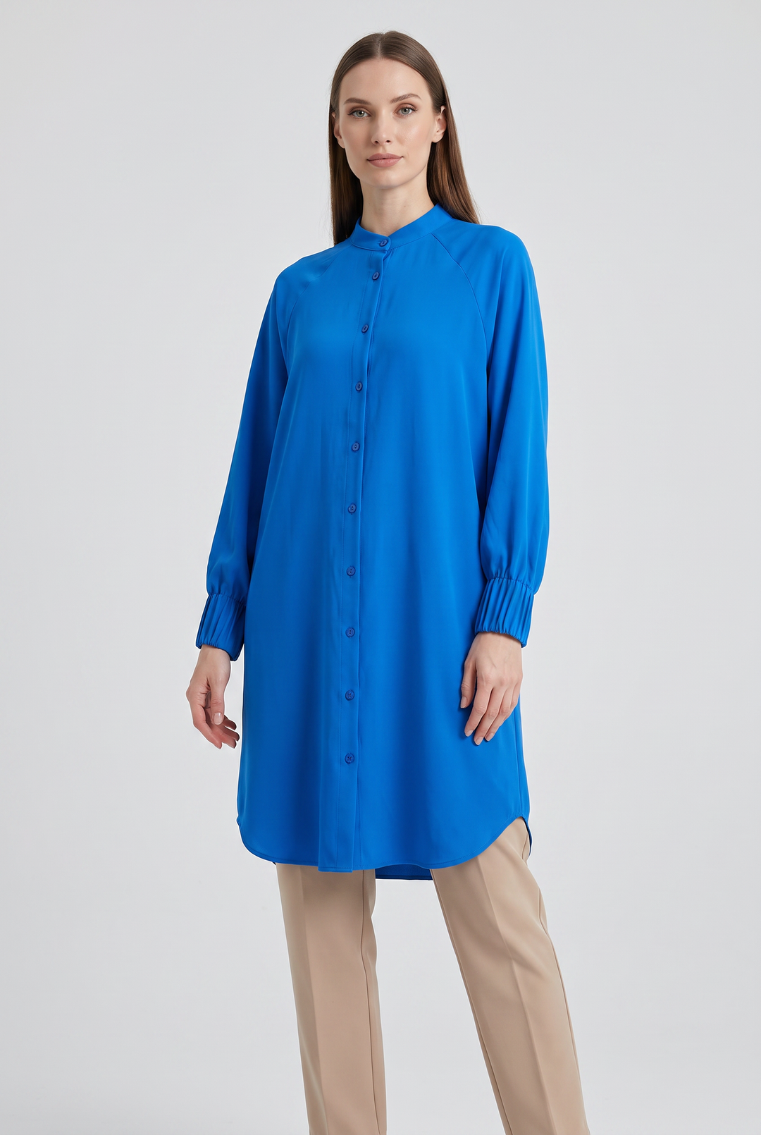 Fiora | Solid Button-Front Pleated-Cuff Tunic