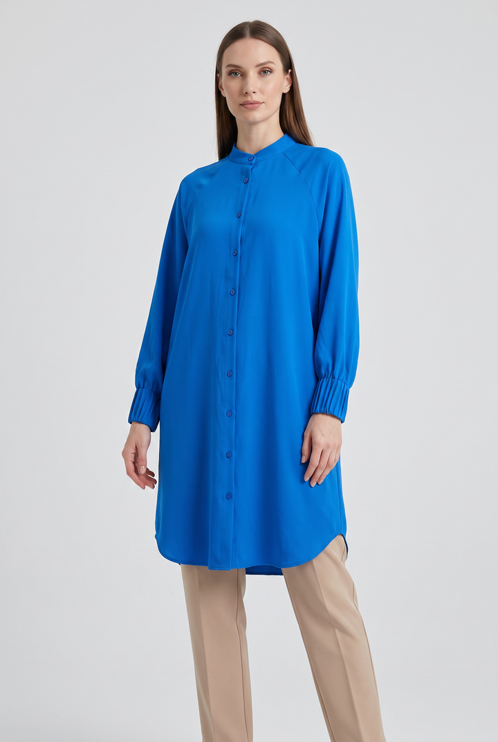 Fiora | Solid Button-Front Pleated-Cuff Tunic