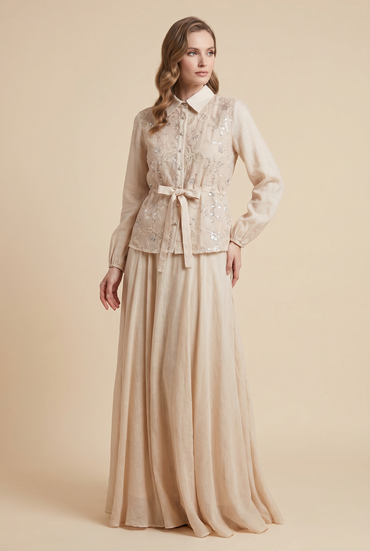 Odessa | Floral Embroidered Tie-Waist Shirt &amp; Skirt Set