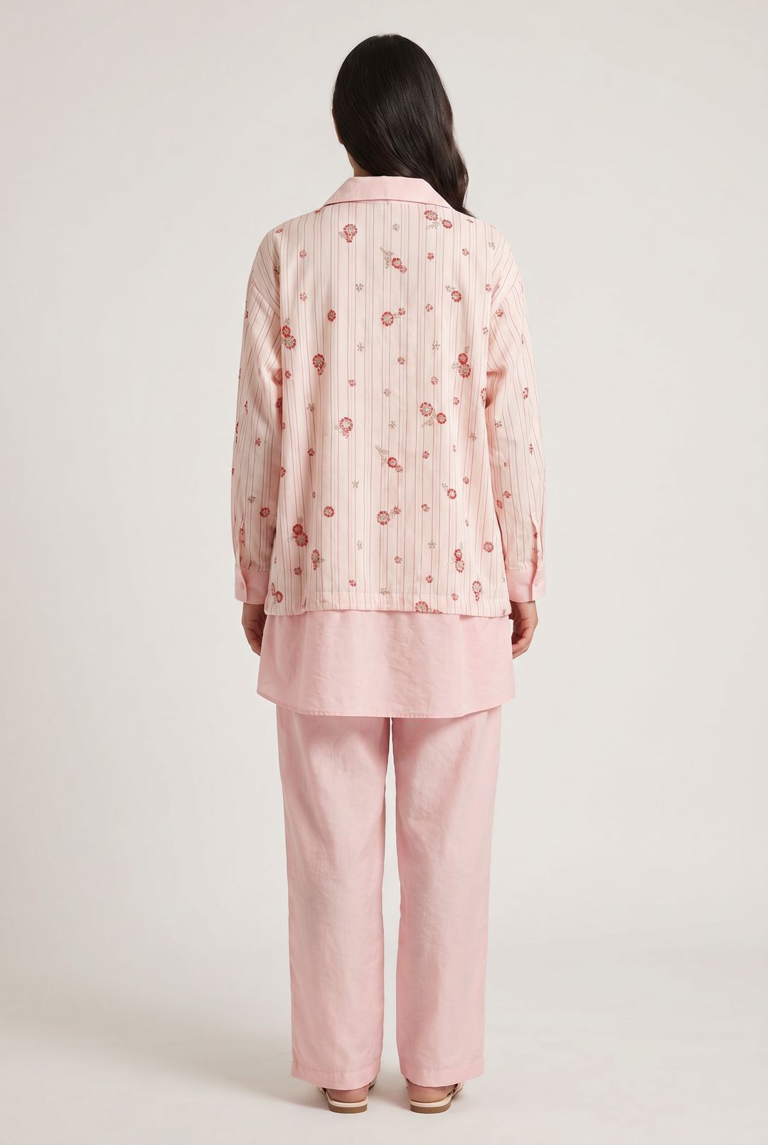 Blossom | Striped Floral-Embroidered Lace-Trim Two-Piece Pajama Set