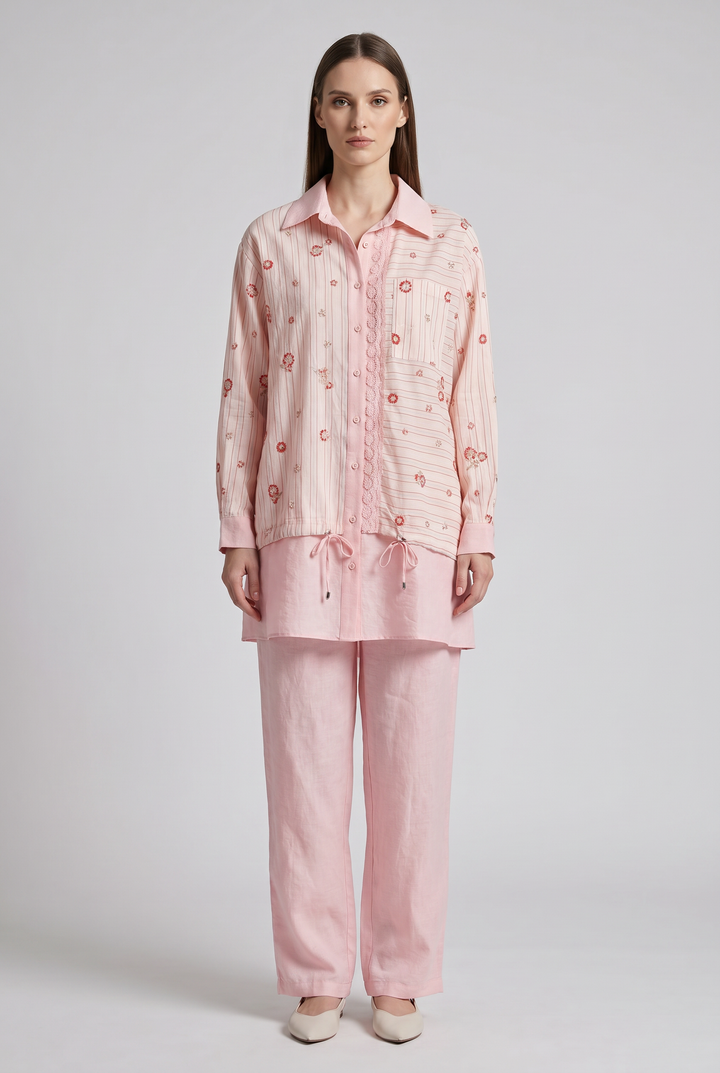 Blossom | Striped Floral-Embroidered Lace-Trim Two-Piece Pajama Set