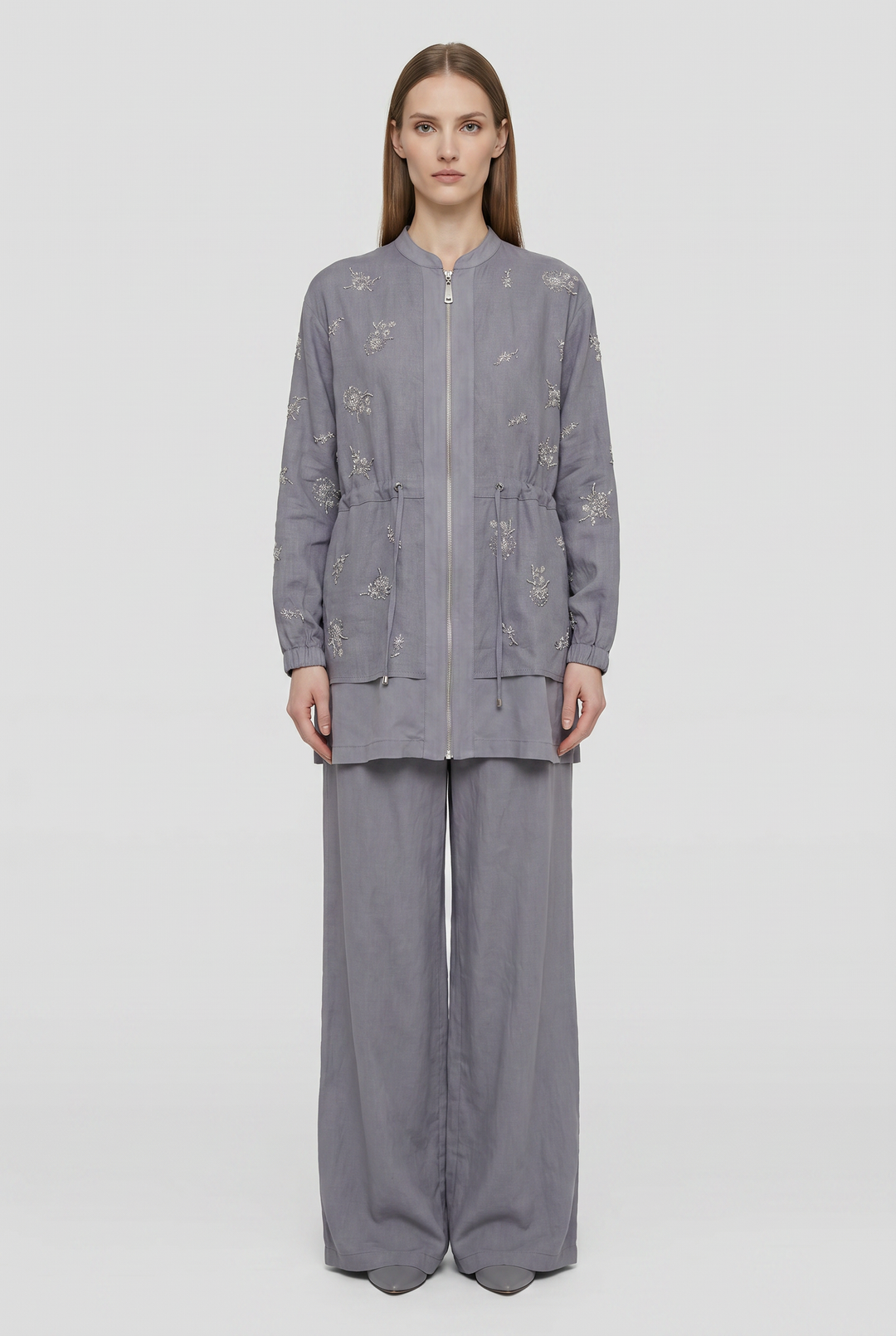 Marcelline | Beaded Floral Zip-Front Tunic &amp; Pants Set