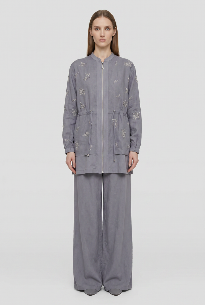 Marcelline | Beaded Floral Zip-Front Tunic &amp; Pants Set