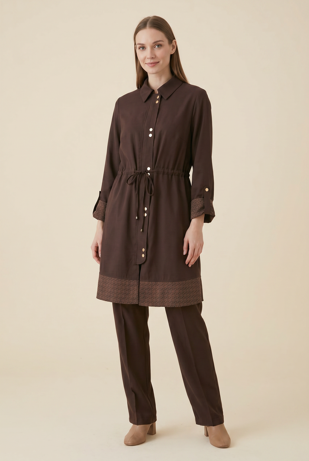 Thessaly | Floral-Trim Button-Front Tunic Skirt Set