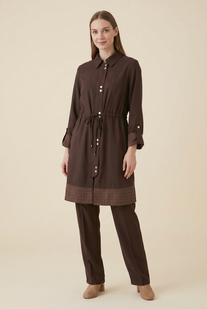 Thessaly | Floral-Trim Button-Front Tunic Skirt Set