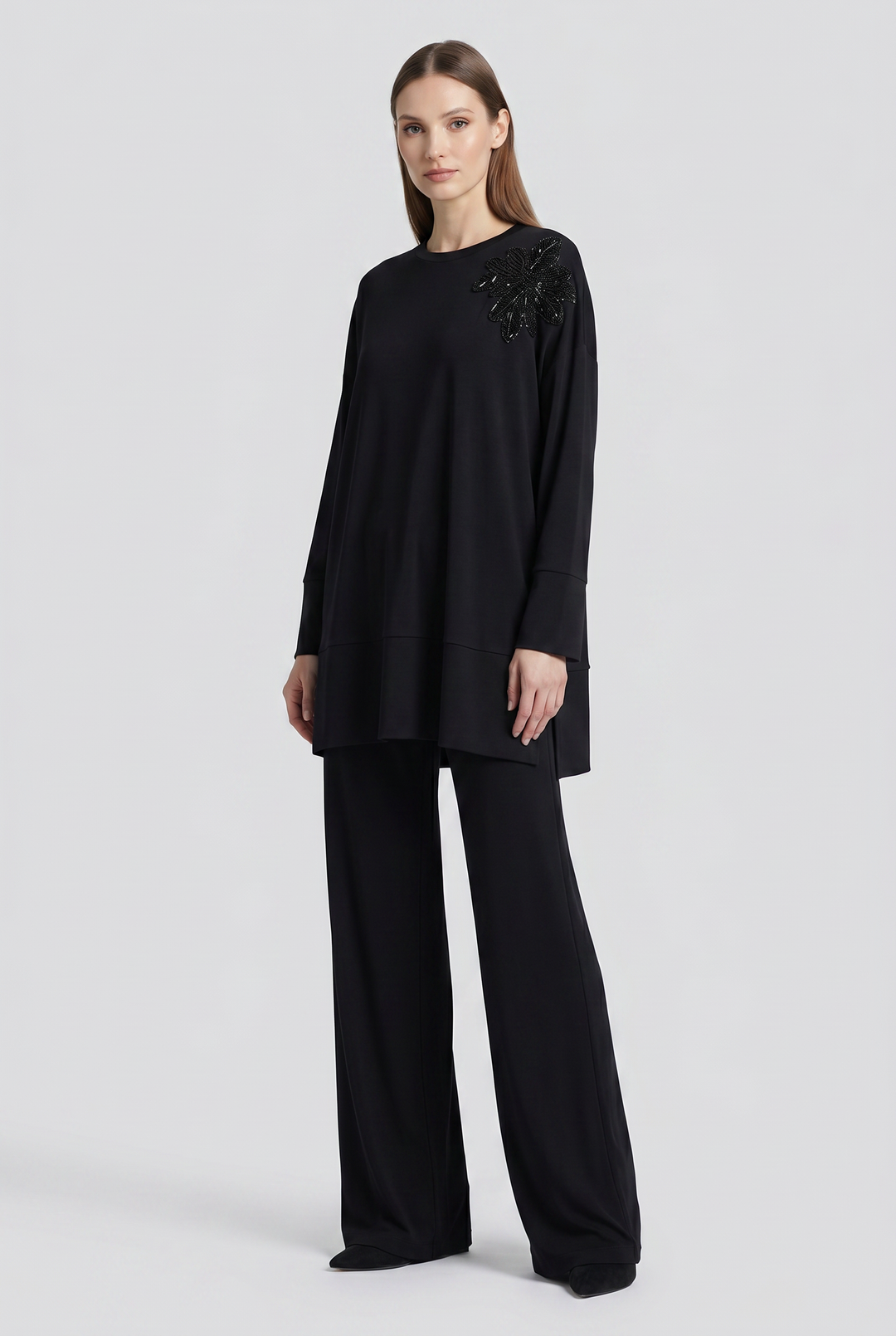 Ravenna | Beaded-Shoulder Oversized Tunic Skirt Set