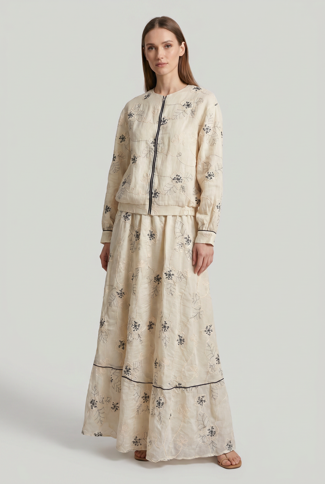 Ivo | Floral Embroidered Zip-Front Skirt Set