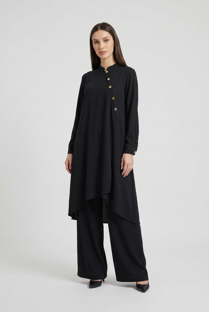 Nyra | Solid Asymmetric-Button Tunic &amp; Skirt Set