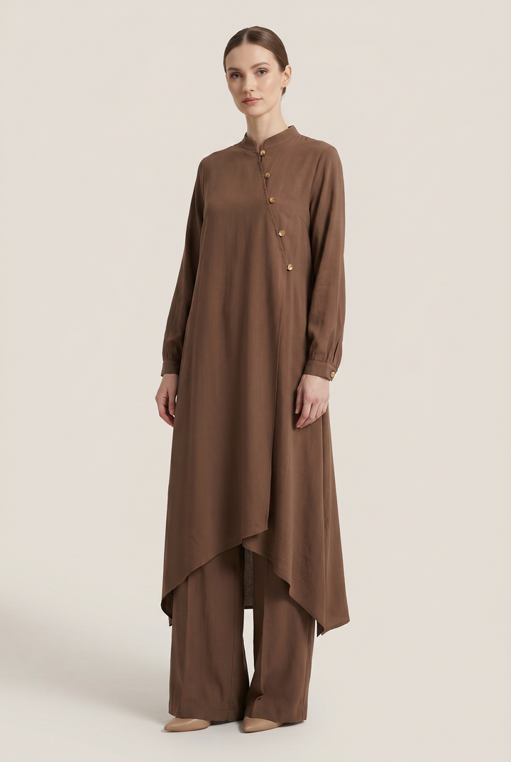 Nyra | Solid Asymmetric-Button Tunic &amp; Skirt Set