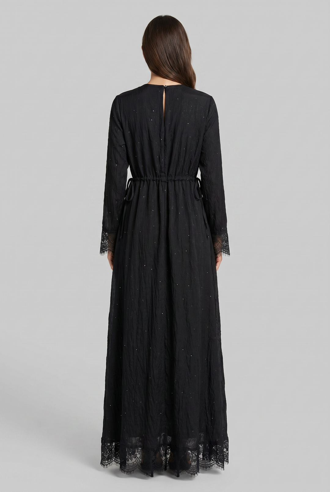 Selena | Sequined Lace-Cuff Tie-Waist Maxi Dress