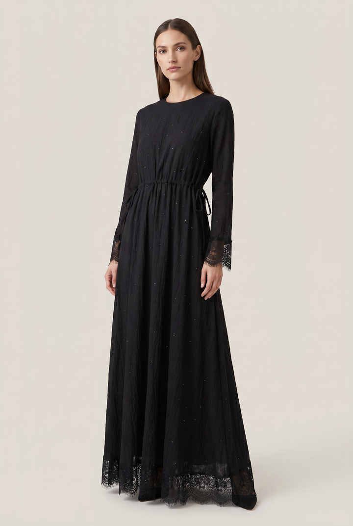 Selena | Sequined Lace-Cuff Tie-Waist Maxi Dress