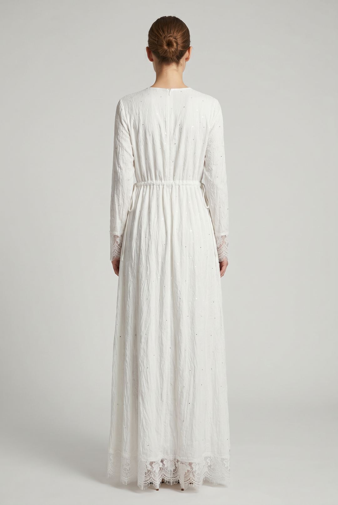 Selena | Sequined Lace-Cuff Tie-Waist Maxi Dress