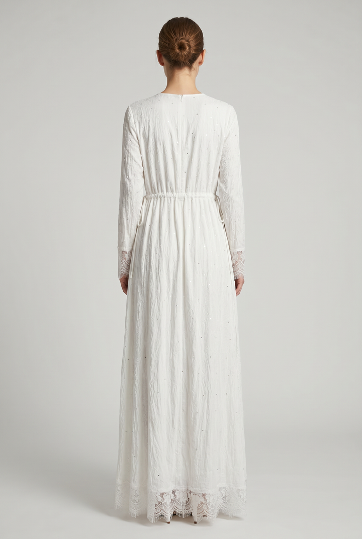 Selena | Sequined Lace-Cuff Tie-Waist Maxi Dress