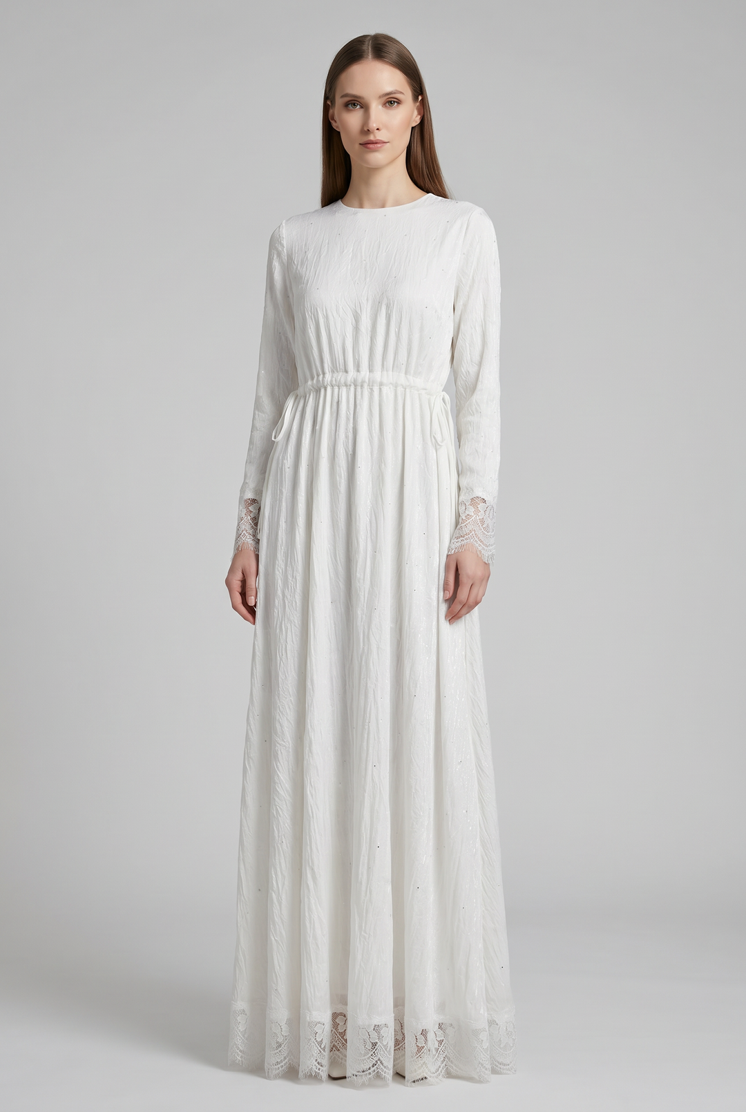 Selena | Sequined Lace-Cuff Tie-Waist Maxi Dress
