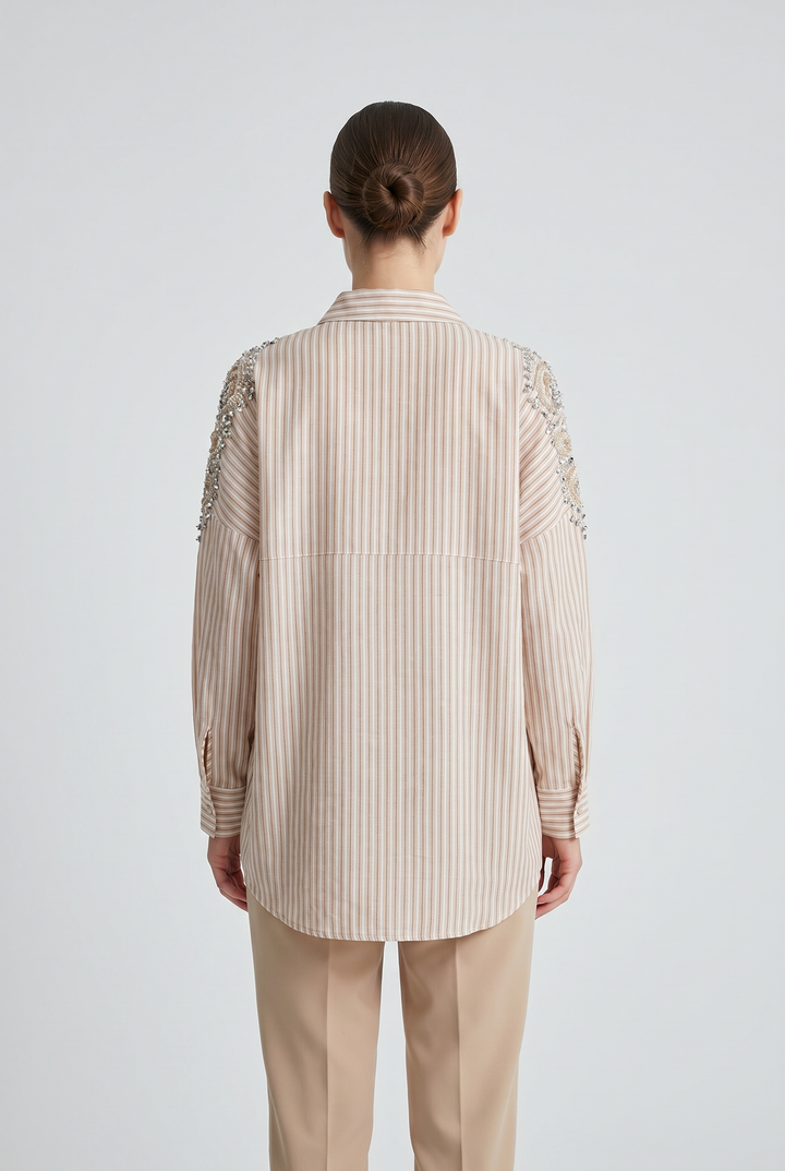 Willow | Striped Cotton Beaded-Shoulder Tunic Shirt