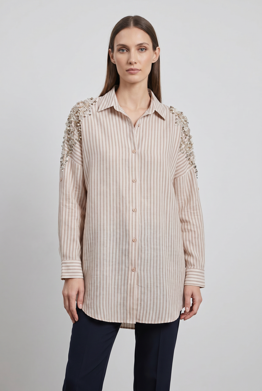 Willow | Striped Cotton Beaded-Shoulder Tunic Shirt