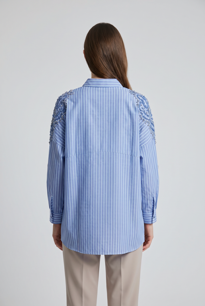 Willow | Striped Cotton Beaded-Shoulder Tunic Shirt
