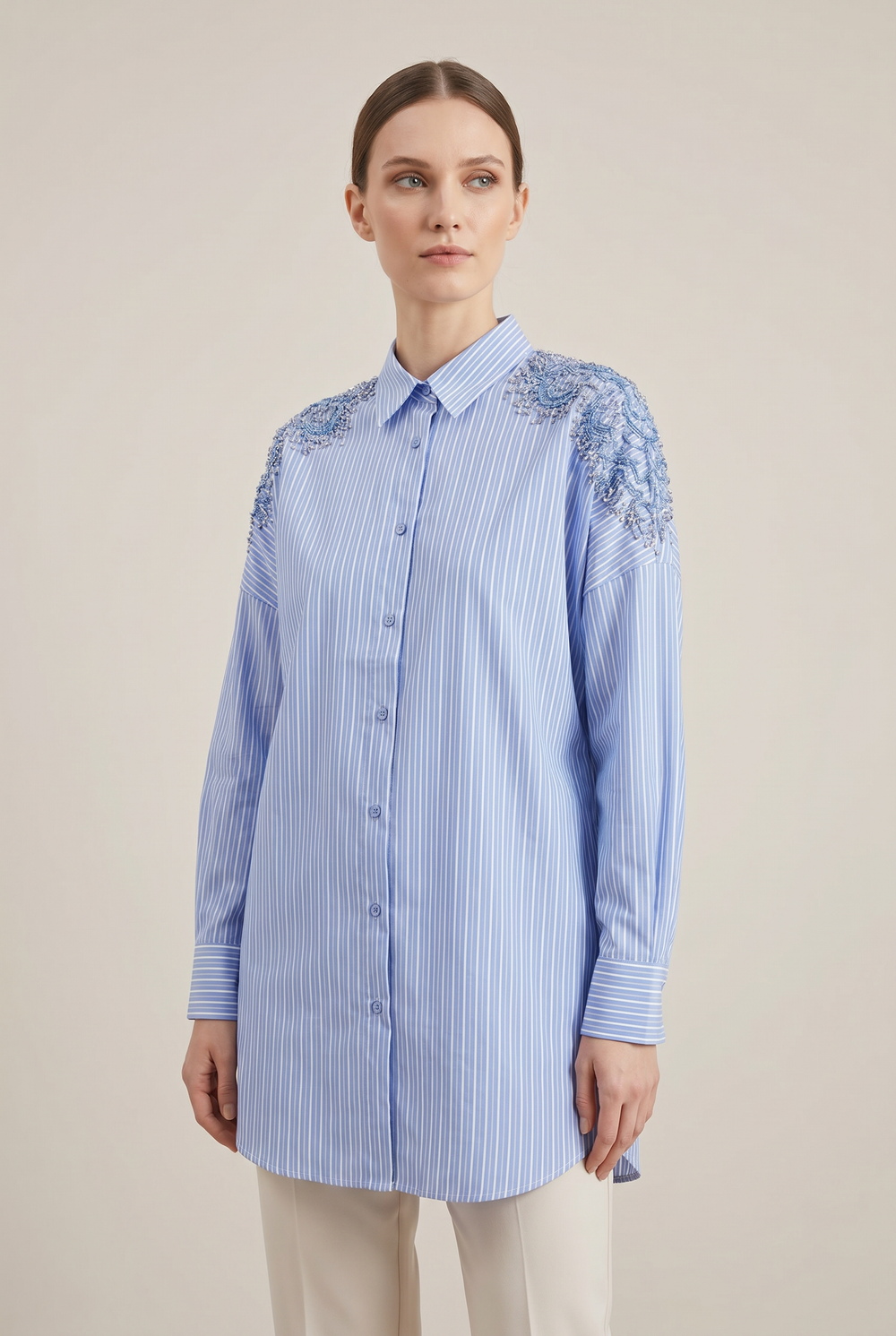 Willow | Striped Cotton Beaded-Shoulder Tunic Shirt