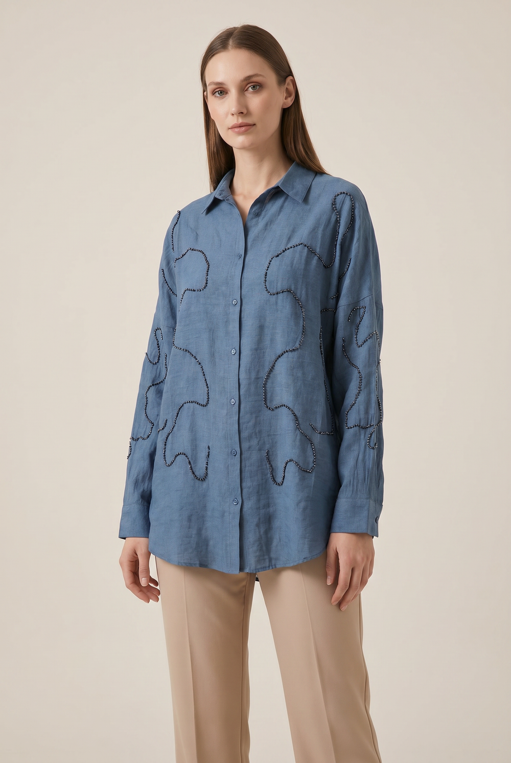 Perlina | Pearl-Beaded Swirl Oversized Shirt