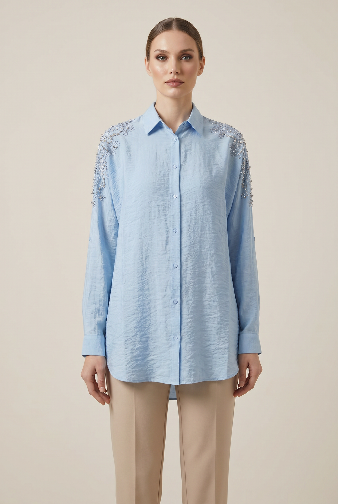 Aveline | Beaded-Shoulder Button-Down Shirt