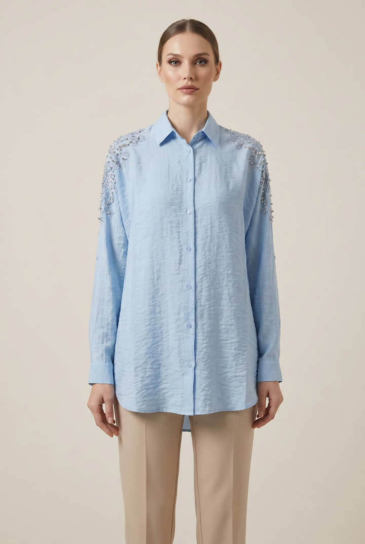 Aveline | Beaded-Shoulder Button-Down Shirt
